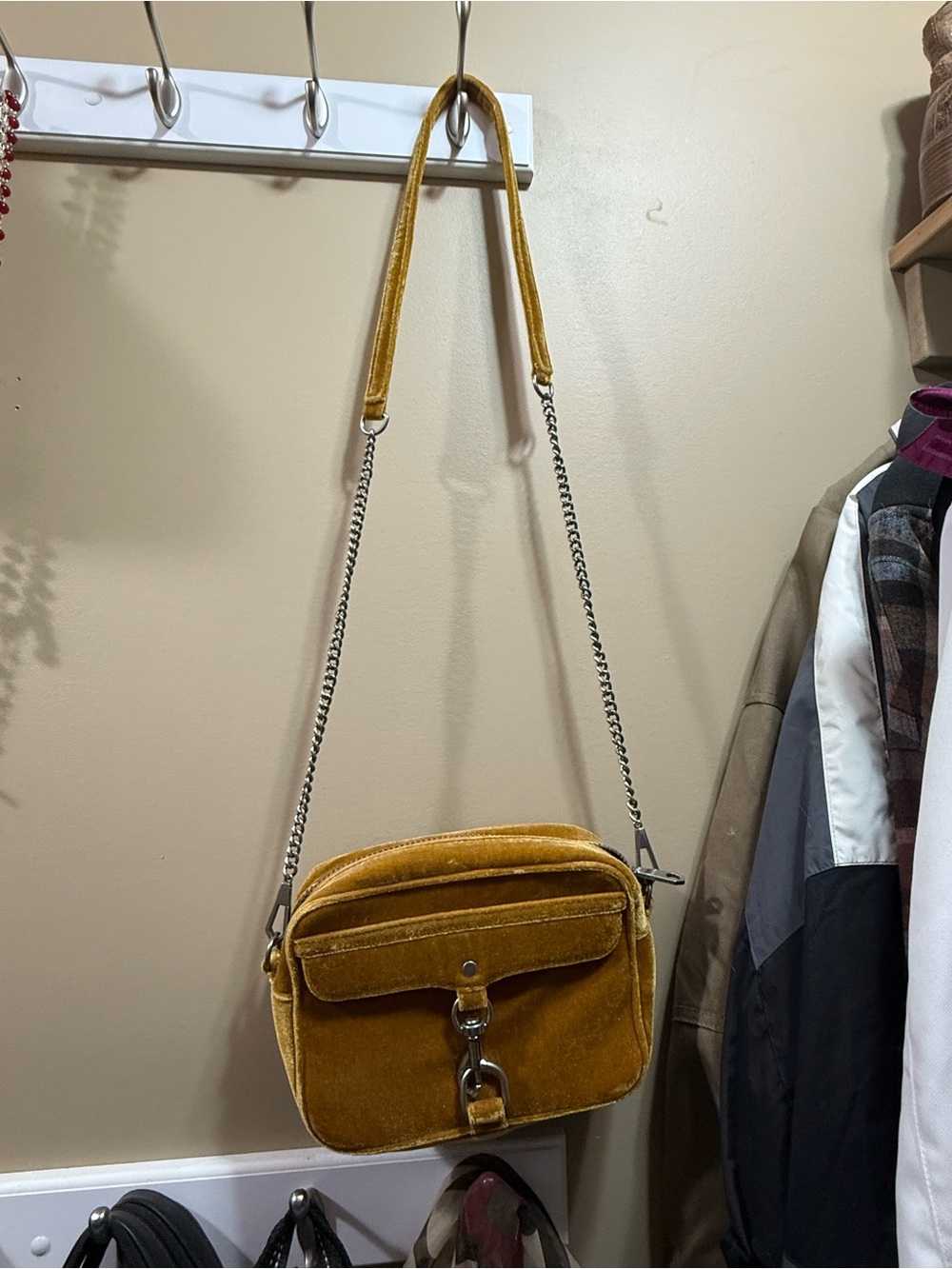 Rebecca Minkoff Mustard Yellow Velvet Crossbody Bag with Chain Strap
